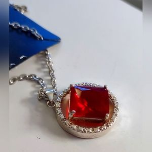 Square Ruby in Crystal Round Open Pendant